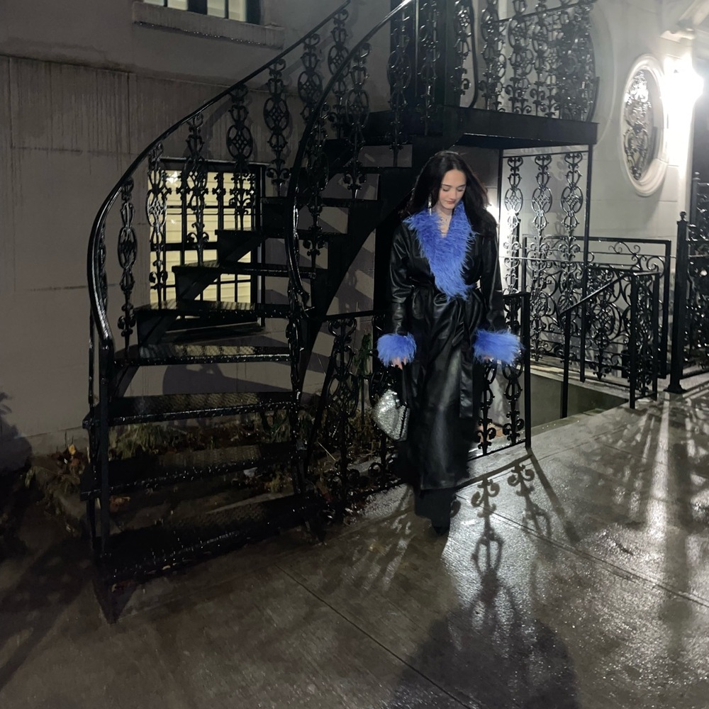 House of Cb leather trench with feathered trim